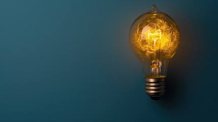 Poster - Glowing light bulb illuminates blue wall, symbolizing creativity and innovation in modern setting. warm light creates cozy atmosphere, perfect for inspiring ideas