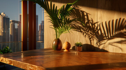 Poster - Minimal workspace featuring wooden table adorned with green plant, decorative vase, and small succulent. warm sunlight casts beautiful shadows, creating serene atmosphere
