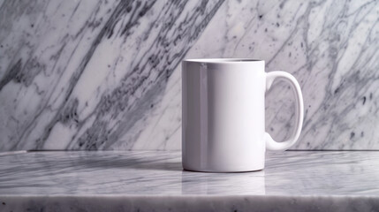 Poster - Minimalist coffee setup featuring clean white mug on polished marble surface, creating serene and elegant atmosphere perfect for enjoying warm beverage