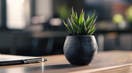 Poster - Minimalist workspace featuring neatly arranged desk with small black pot containing succulent plant, adding touch of greenery and tranquility to environment