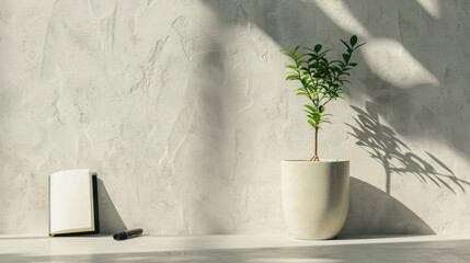 Poster - Minimalist workspace featuring neatly arranged desk with small potted plant and open notebook. soft shadows create calm and inviting atmosphere, perfect for creativity and focus