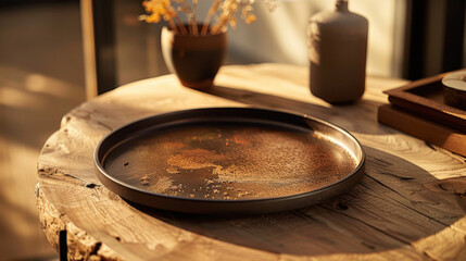 Poster - Clean round tray rests on rustic wooden table, surrounded by soft natural light. warm tones create serene atmosphere, perfect for neutral workspace