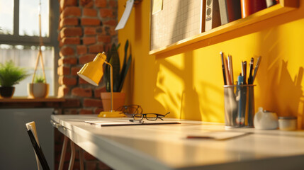 Poster - Bright and inviting workspace featuring tidy desk with yellow lamp, organized stationery, and plants against vibrant yellow wall. warm atmosphere encourages creativity and productivity