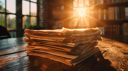 Poster - Stack of business reports on wooden table with soft shadows, illuminated by warm sunlight streaming through window, creating serene and productive atmosphere