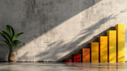 Poster - Vibrant financial growth chart displayed against modern concrete wall, showcasing ascending bars red, yellow, and orange hues. scene is complemented by green plant decorative pot, creating fresh