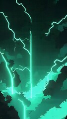 Leinwandbilder - Digitized illustration of vibrant teal lightning bolts and linear beams illuminating a pixelated dark landscape with cloud-like forms against a dark green grid background.
