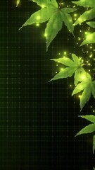 Poster - Digital render of vibrant green leaves with sparkling particles on a dark grid background. Nature and abstract themed digital art.
