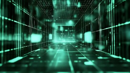 Leinwandbilder - Abstract digital tunnel with glowing green neon lights and data stream visualising technology and futuristic concepts