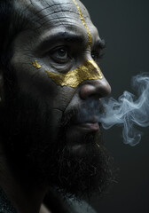 Poster - Close-up Portrait of Bearded Man with Gold Facial Accents Exhaling Smoke
