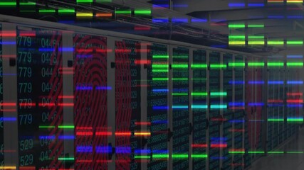 Poster - Server racks waiting idle until data bars starting scrolling and pulsing simulating transfer flow