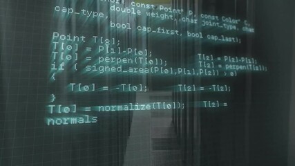Poster - Translucent C++ overlay scrolling down corridor, revealing constructors vector math and HTTP calls