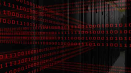 Fototapete - On system startup streaming red binary digits across server aisle illustrating continuous data flow