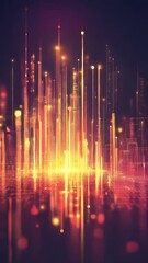 Leinwandbilder - Abstract digital city landscape in gold and purple tones with vertical light streaks and blurred bokeh effect. Concept of technology and data visualization. Digital art.