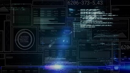 Poster - Dark grid activating, numeric clusters filling data panel, code windows updating, beams sweeping
