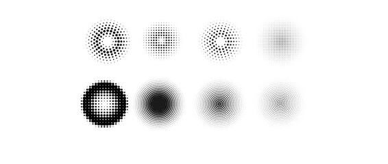 Halftone gradient circles collection. Dots textured round patterns. comic radial faded background set. Abstract pixelated elements for frame, poster, collage, banner, flyer. Vector cartoon bundle