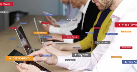Poster - Colleagues tapping tablet and laptop for training, spawning animated social prompts then vanishing