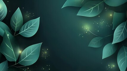 Leinwandbilder - Abstract digital art featuring stylized teal leaves with intricate details against a dark green backdrop with glowing light particles adding depth