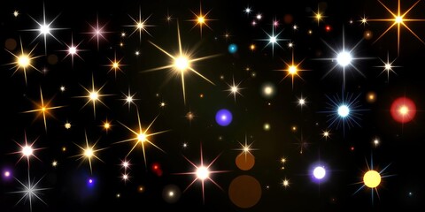 Wall Mural - Shimmering stars, flashing lights, glowing orbs, and lens flares create a dynamic light effect collection on a black backdrop,  celestial,  light leaks