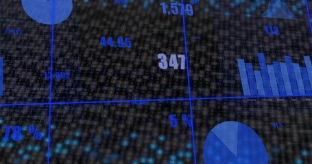 Poster - Analytics interface appearing on binary-code field updating bar area and pie charts showing trends