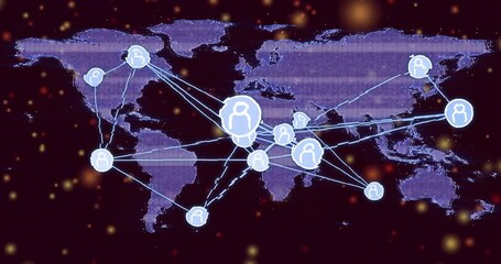 Poster - Fading purple map starting user icons appearing globally and linking with blue lines for data flow