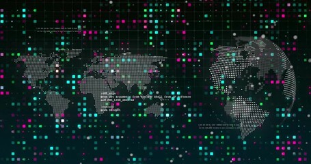 Fototapete - Upon startup digital world map and rotating globe pulsing drifting pixels showing data streams