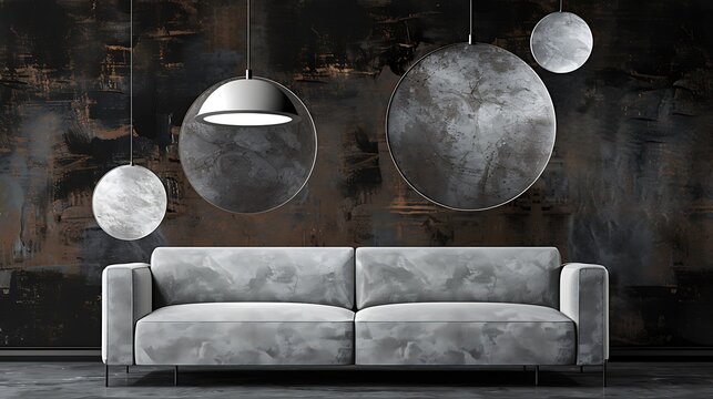 Luxurious Interior Design Featuring a Gray Sofa and Abstract Lighting Fixtures in an Elegant