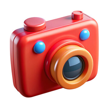 A stylized vibrant red camera in a 3d rendering with bright blue and orange accents.