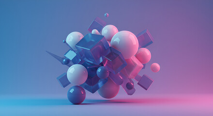 Aufkleber - Abstract 3D Geometric Composition with Cubes and Spheres in Neon Lighting Display