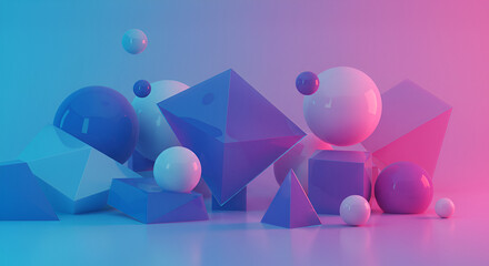 Aufkleber - Abstract 3D geometric shapes composition with vibrant blue and pink gradient lighting
