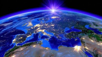 Sticker - earth from space: sunrise over europe, city lights, global illumination