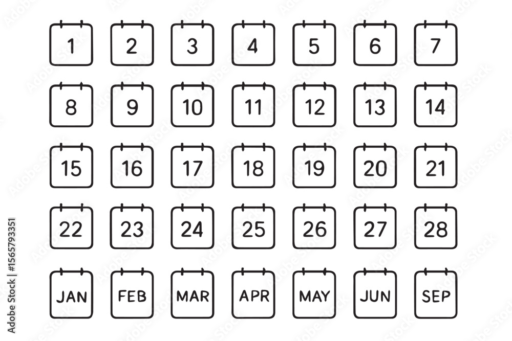 a calendar layout with numbered days and abbreviated months, offering ...