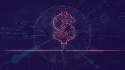 Poster - Neon line extending, sphere forming, $ emerging, nodes pulsing, rays radiating representing finance