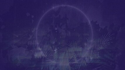Poster - On start falling leaf silhouettes layering purple backdrop while glowing circle appearing, pulsing