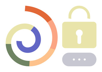Poster - Colorful spiral next to a padlock and dots symbolizing data layers, encryption, cybersecurity, privacy, protection, data management, access control. Ideal for technology, safety trust abstract