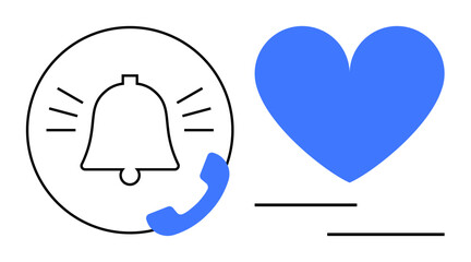 Poster - Bell with phone receiver indicating alerts, next to blue heart symbolizing empathy and love. Ideal for communication, services, teamwork, social support, care, relationships, simple landing page