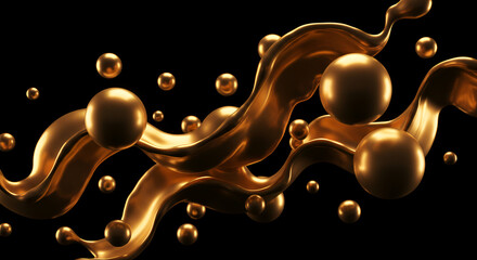 Poster - Elegant golden spheres and fluid waves on a dark background creating luxury art