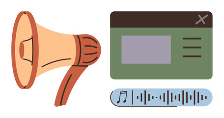 Poster - Megaphone, web interface with buttons, and audio waveform suggesting announcements, media sharing, or sound broadcasting. Ideal for marketing, communication, promotion, podcasting media sound