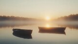 Two Rowing Boats on Serene Lake at Misty Sunrise Reflecting Sky in Water