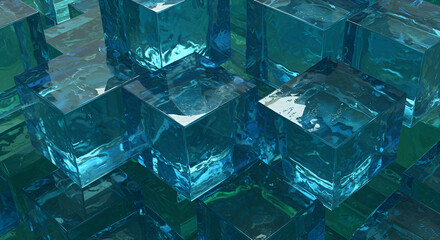 Aufkleber - Transparent blue ice cubes arranged in a layered and reflective pattern