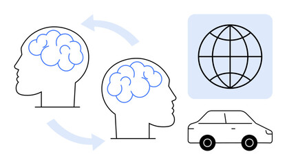 Poster - Two brains with connecting arrows represent idea exchange, next to a globe symbolizing global connection and a car highlighting transport or mobility. Ideal for innovation, teamwork, globalization