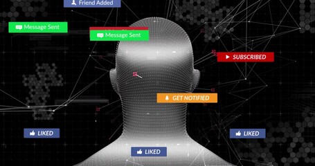 Poster - Opening wireframe head rotating with glitch bars and pop-ups illustrating social notifications