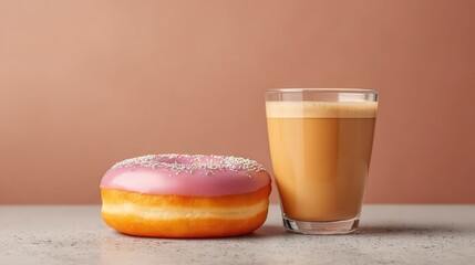 Poster - Delicious pink frosted donut beside a glass of creamy coffee on a smooth countertop bathed in warm light, perfect for food and beverage photography.