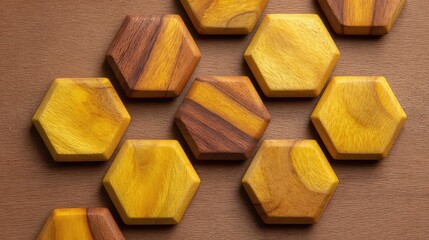 Poster - Close-up View of Beautifully Crafted Wooden Hexagonal Coasters Arranged Creatively on a Textured Brown Surface for Home Decor Inspiration