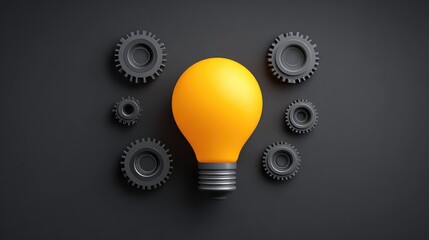 Poster - Creative Design Concept Featuring an Orange Light Bulb Surrounded by Black Gears Representing Innovation, Ideas, and Mechanic Processes in a Modern Style