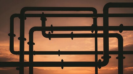 Abstract industrial silhouette against a sunset sky, featuring geometric pipe structures in artistic patterns,tips on the Importance of Routine Plumbing Rehabilitation