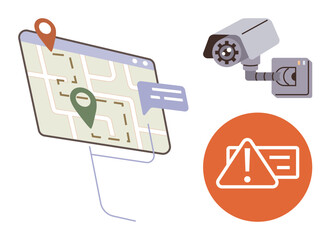 Poster - Digital map with route pins, speech bubble, surveillance camera, and warning alert sign. Ideal for navigation, monitoring, technology, security safety alerts data tracking. Simple flat metaphor