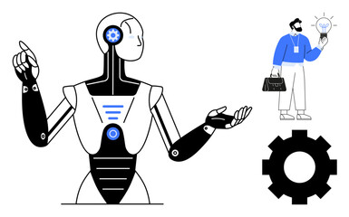 Poster - Humanoid robot gesturing alongside a professional holding a light bulb as an idea symbol, gear representing technology. Ideal for AI, innovation, teamwork, business strategy, creativity