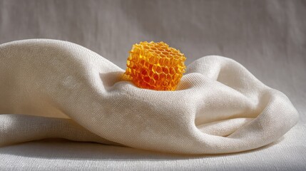 Poster - Close-Up of a Honeycomb on Soft Beige Fabric, Showcasing Natural Texture and Hue in Minimalistic Composition for Culinary or Natural Themes