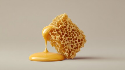 Poster - Beautifully Dripping Honeycomb on Light Background Showcasing Nature's Sweetness and Texture with Golden Honey Flowing Elegantly in a Soft and Minimalistic Style