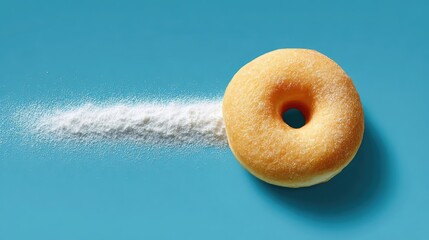 Poster - Delicious Round Doughnut on Bright Blue Background with Powdered Sugar Sprinkle Creating a Fun and Tasty Visual Delight for Food Photography
